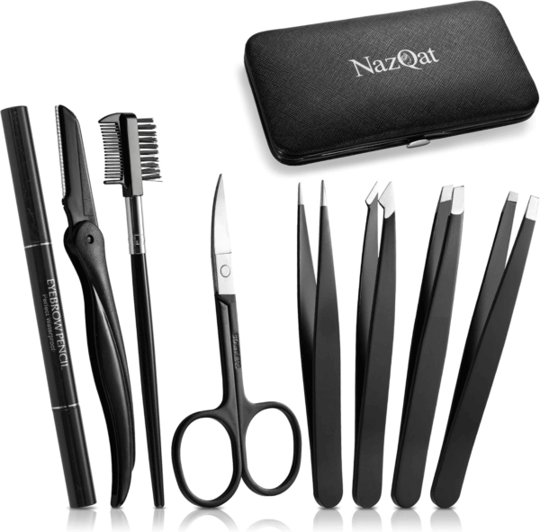 Eyebrow Trimmer 8-Pack - Eyebrow Tweezers Set - Eyebrow Shaping Kit for Women & Men with Razor, Brush with Comb, Pencil, and Scissors in Padded Case