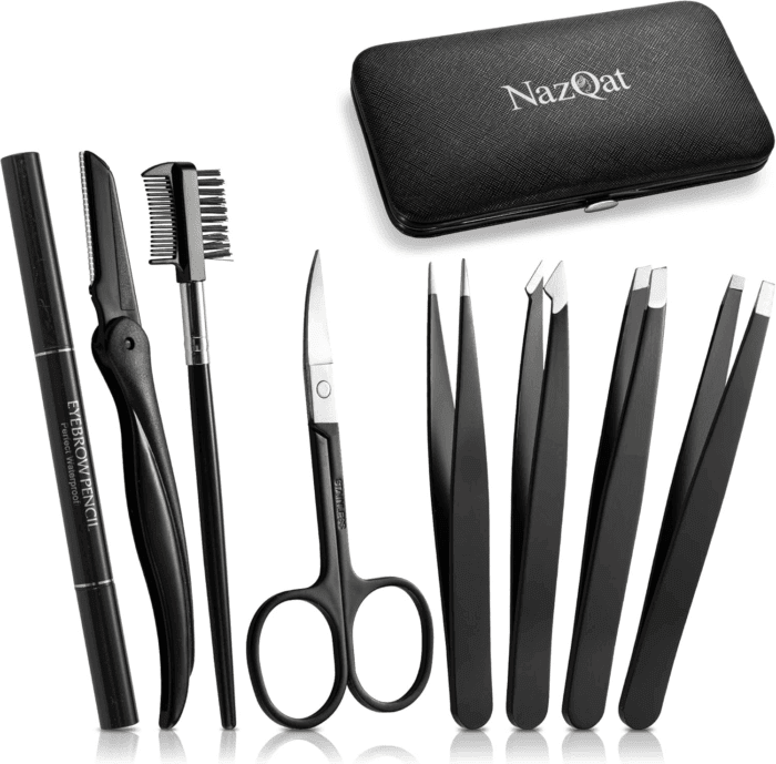 Eyebrow Trimmer 8-Pack - Eyebrow Tweezers Set - Eyebrow Shaping Kit for Women & Men with Razor, Brush with Comb, Pencil, and Scissors in Padded Case