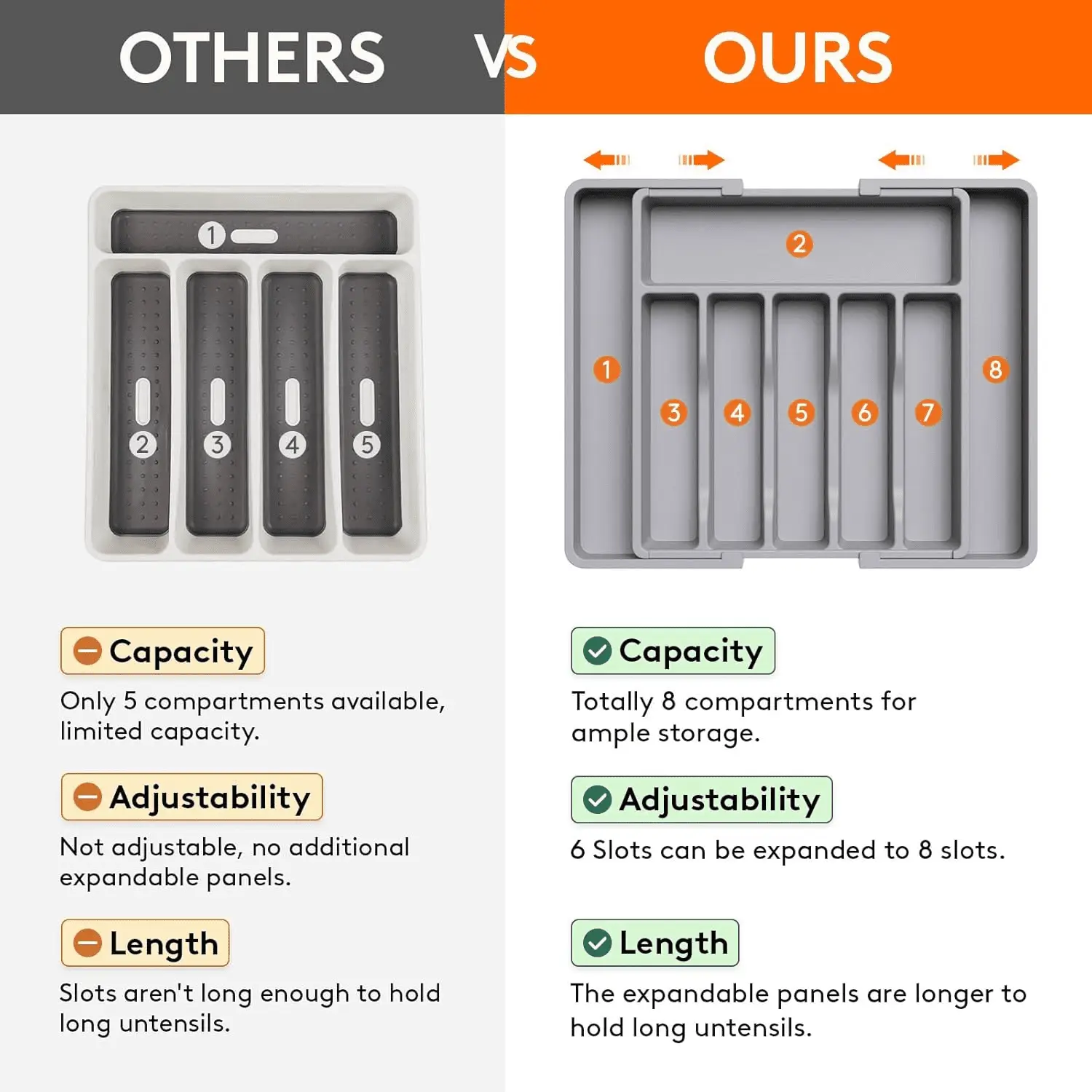 Silverware Drawer Organizer, Expandable Utensil Tray for Kitchen, BPA Free Flatware and Cutlery Holder, Adjustable Plastic Storage for Spoons Forks Knives, Large, Grey - Image 5