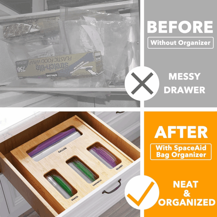 Bag Storage Organizer for Kitchen Drawer, Bamboo Organizer, Compatible with Gallon, Quart, Sandwich and Snack Variety Size Bag (1 Box 4 Slots), 2.5" High - Image 2