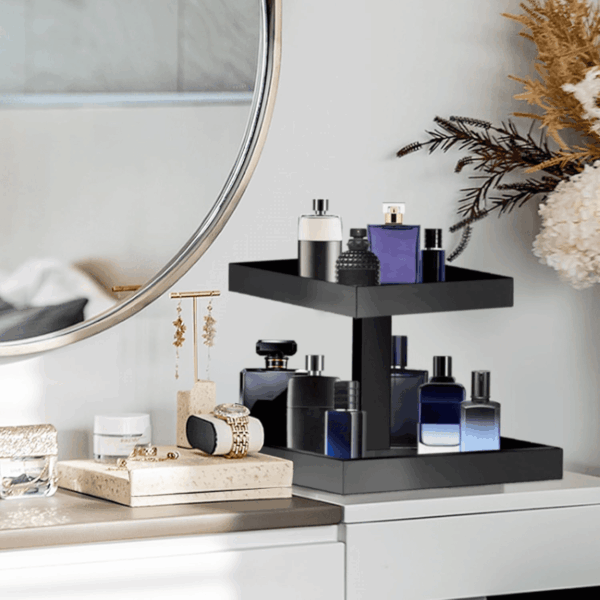 Black Perfume Organizer for Men - 2 Tier Acrylic Cologne Rack Organizer for Men, Rectangular Vanity Storage with Sturdy Design, Space Saver for Bathroom & Bedroom - Image 3