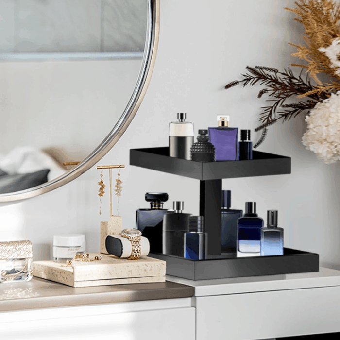 Black Perfume Organizer for Men - 2 Tier Acrylic Cologne Rack Organizer for Men, Rectangular Vanity Storage with Sturdy Design, Space Saver for Bathroom & Bedroom - Image 3