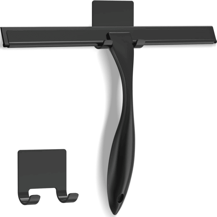 All-Purpose Stainless Steel Shower Squeegee for Shower Glass Door with Adhesive Hook, Bathroom Cleaner Tool Household Window Mirror Squeegee for Glass Doors, Cleaning Tile Wall, Car, 12 Inch, Black