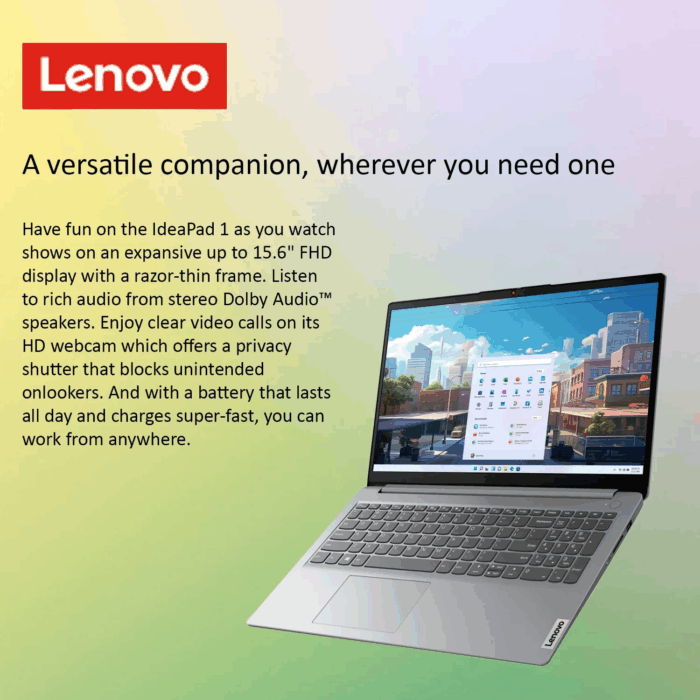 Ideapad 1 Student Laptop, 15.6" FHD Display, Intel Dual Core Processor, 12GB RAM, 128GB Emmc + 256GB SSD, 1 Yr Office 365, Wi-Fi 6, Windows 11 Home, Grey - Image 4
