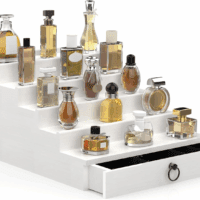 Cologne Organizer for Men, 5 Tier White Cologne Shelf, Perfume Stand with Drawer and Hidden Compartment Perfume Display Holder - a Gift for Men