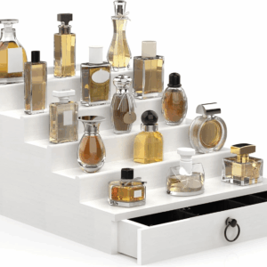 Cologne Organizer for Men, 5 Tier White Cologne Shelf, Perfume Stand with Drawer and Hidden Compartment Perfume Display Holder - a Gift for Men