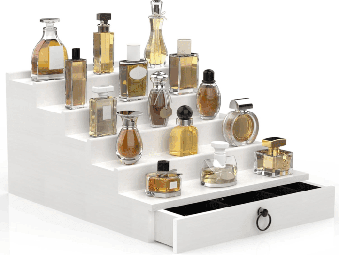 Cologne Organizer for Men, 5 Tier White Cologne Shelf, Perfume Stand with Drawer and Hidden Compartment Perfume Display Holder - a Gift for Men