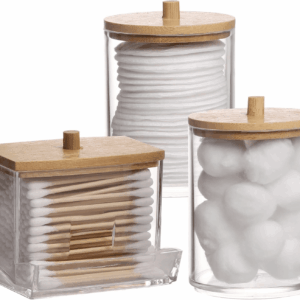 Qtips Holder Bathroom Container, 10/7 OZ Cotton Ball/Swabs Dispenser, Apothecary Jar Organizer for Storage Wood Lids
