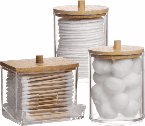 Qtips Holder Bathroom Container, 10/7 OZ Cotton Ball/Swabs Dispenser, Apothecary Jar Organizer for Storage Wood Lids