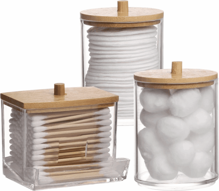 Qtips Holder Bathroom Container, 10/7 OZ Cotton Ball/Swabs Dispenser, Apothecary Jar Organizer for Storage Wood Lids