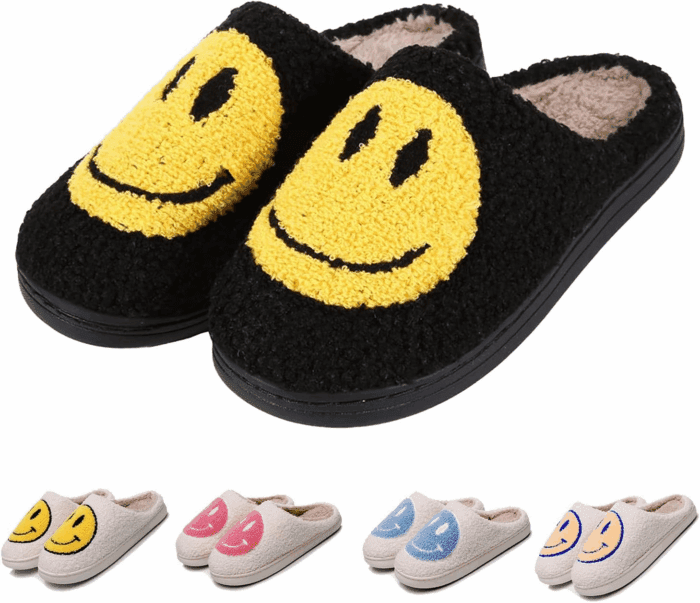 Smile Face Slippers for Women - Indoor Outdoor Retro Happy House Slides, Soft Fluffy Cushion Furry Shoes