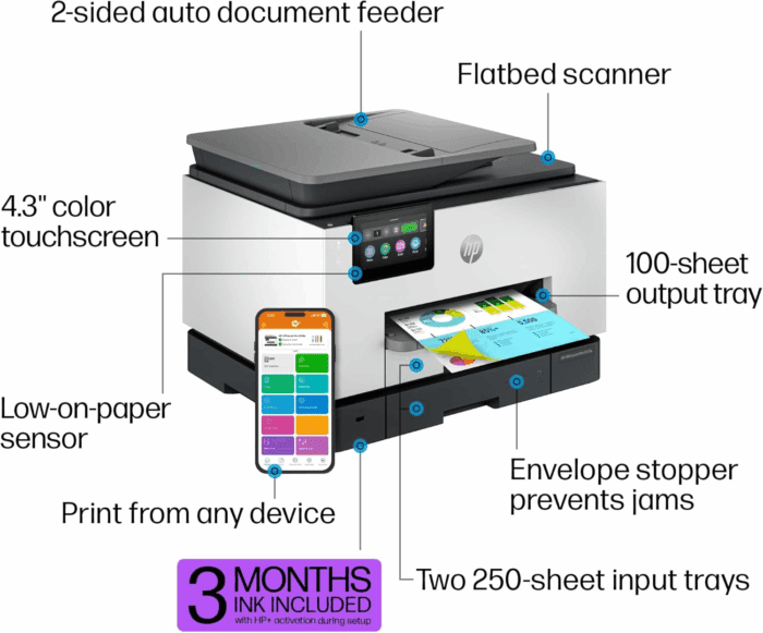 Officejet Pro 9135E All-In-One Printer, Color, Printer-For-Small Medium Business, Print, Copy, Scan, Fax, Wireless 3 Months of Instant Ink Included; Two-Sided Printing; Two-Side - Image 4