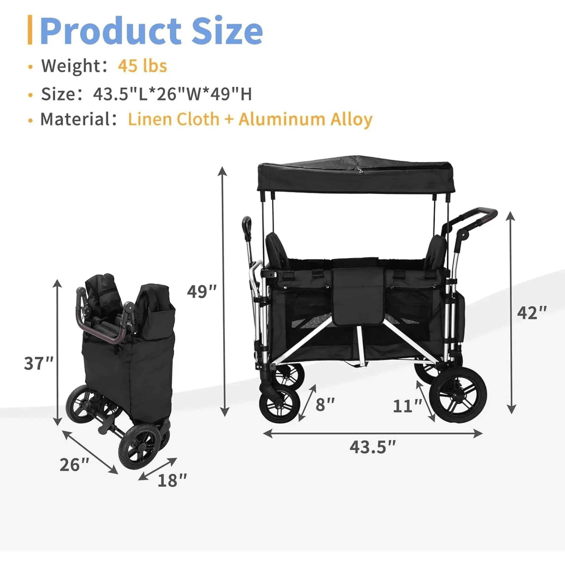 Stroller Wagon for 2 Kids, All-In-One Foldable Wagon Stroller, Black, 1 Count - Image 7