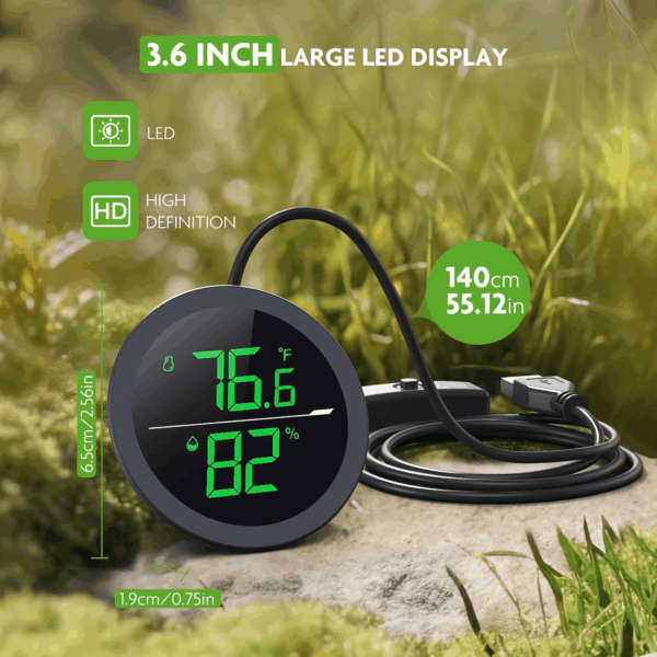 Reptile Tank Thermometer,  LED Digital Reptile Thermometer and Humidity Gauge Hygrometer for Reptile Tank Snake Tank Accessories Pet Rearing Box with 55.2” Cable USB Power Supply- Black - Image 5