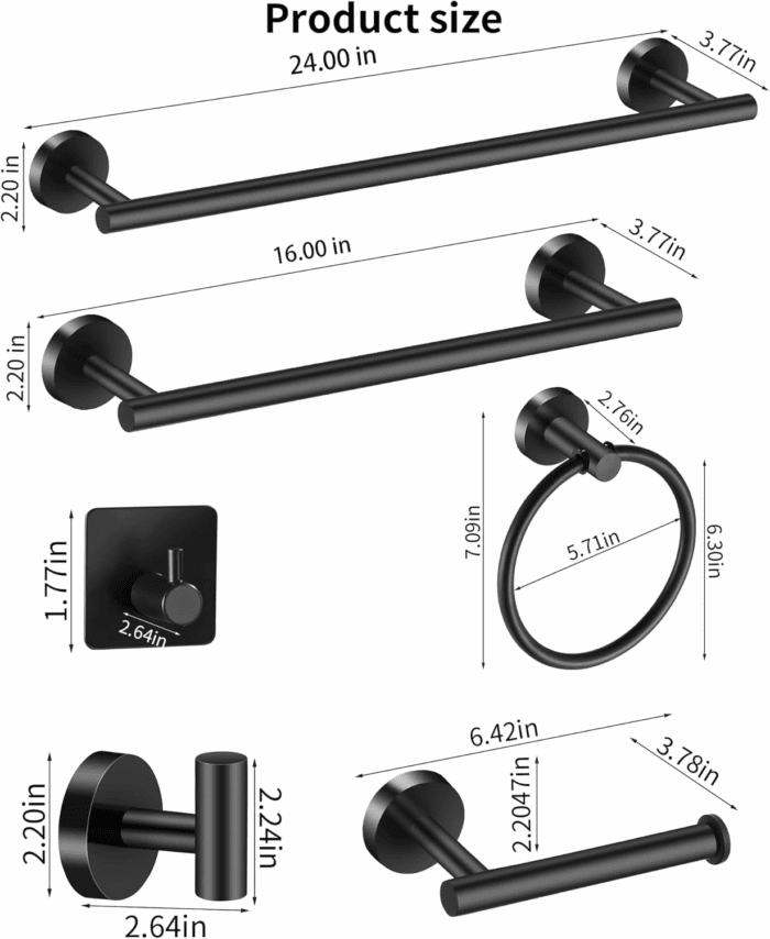 Bathroom Hardware Set 14 Pieces, Black Bathroom Accessories Set Including 24 Inch and 16 Inch Towel Bar, Towel Ring, Toilet Paper Holder and Towel Hooks - Image 2