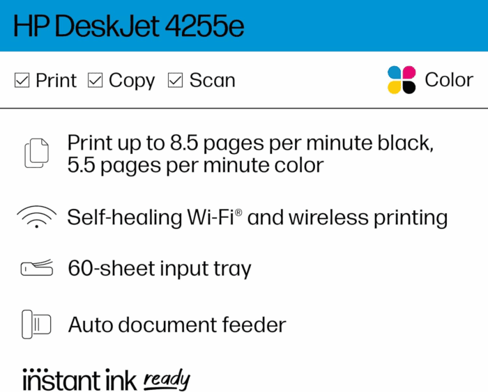 Deskjet 4255E Wireless All-In-One Color Inkjet Printer, Scanner, Copier, Best-For-Home, 3 Months of Instant Ink Included (588S6A) - Image 2