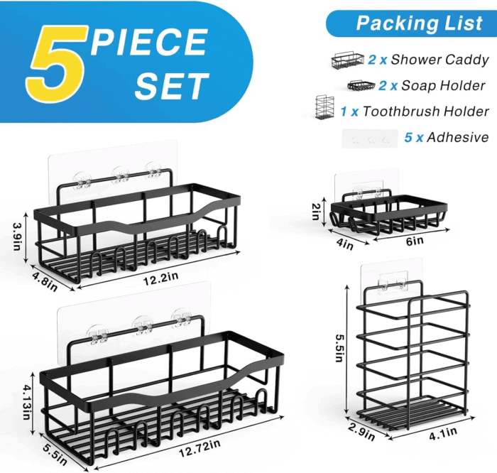 Adhesive Shower Caddy, 5 Pack Rustproof Stainless Steel Bath Organizers with Large Capacity, No Drilling Shelves for Bathroom Storage & Home Decor - Image 7