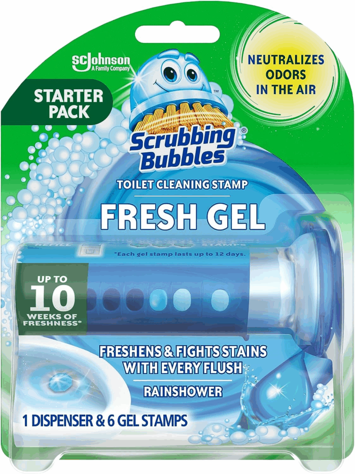 Fresh Gel Toilet Bowl Cleaning Stamps, Helps Keep Toilet Clean and Helps Prevent Limescale & Rings, Rainshower Scent, 1 Dispenser with 6 Fresh Gel Stamps