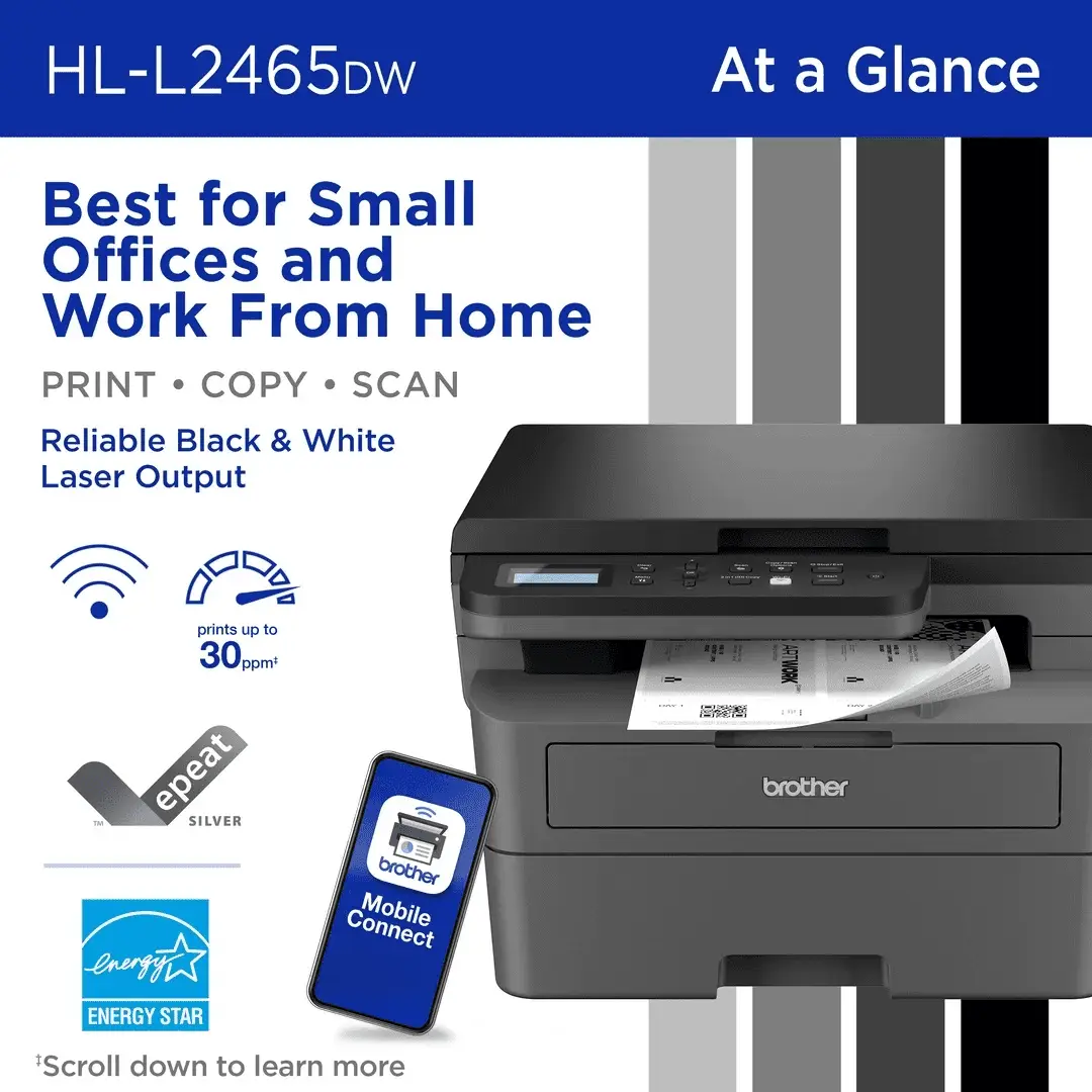 Wireless HL-L2465DW Compact Monochrome Multi-Function Laser Printer with Print, Copy and Scan, Duplex and Mobile Printing - Image 2