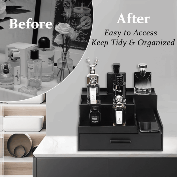 Cologne Organizer for Men, 3 Tier Perfume Stand Holder with Drawer and Hidden Compartment, Cologne Display Shelf for Dresser, Great Gift for Man/Father, Black - Image 5