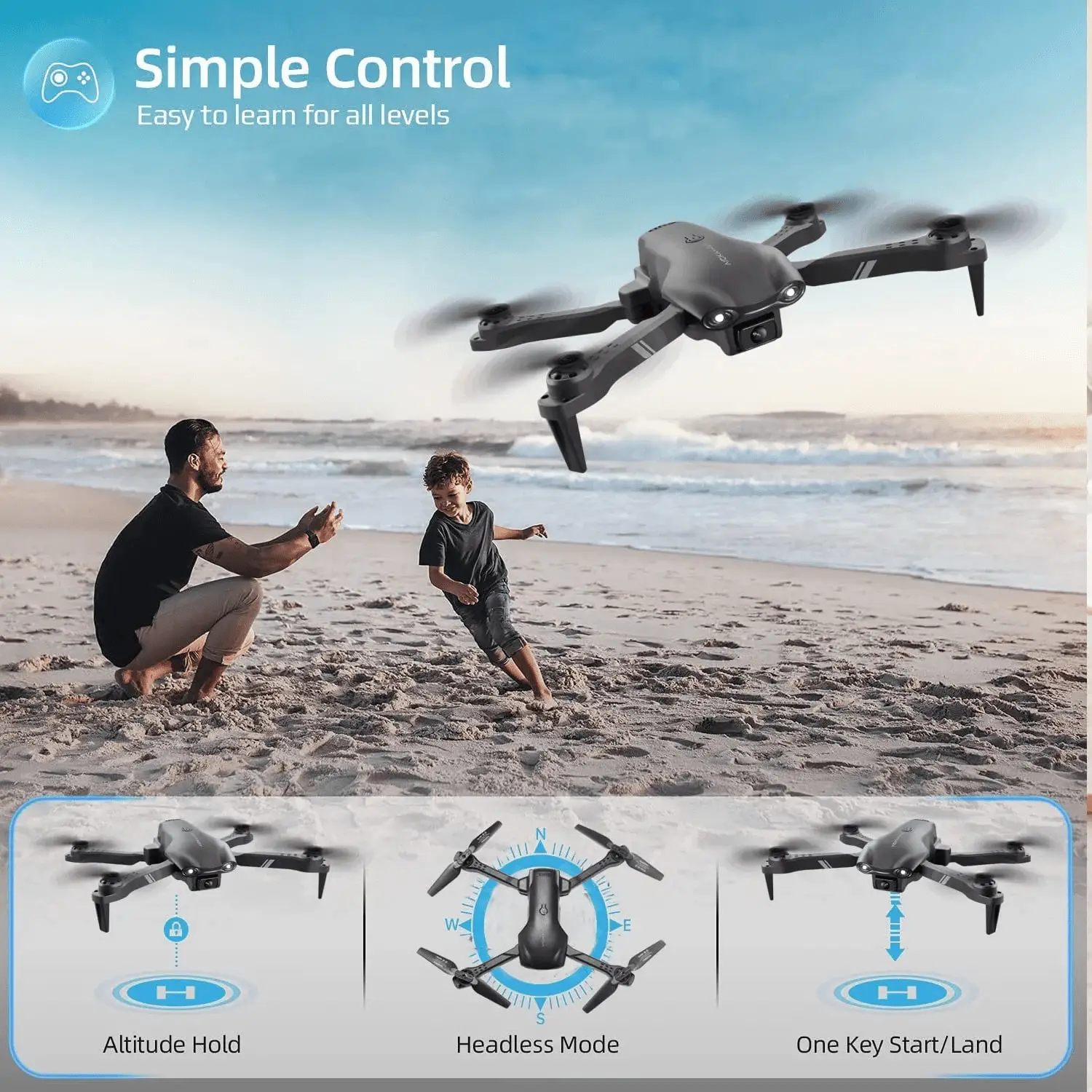 V8 Drone with 720P HD Camera for Adults and Children FPV Real-Time Video, 3 Modular Batteries and Storage Bag, Blue - Image 3