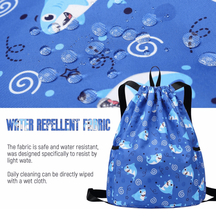 Children Boy Girl Ocean Shark Print Drawstring Backpack Outdoor Casaul Portable Shoulder Bag Swim Gymsack Sack Pack Dark Blue - Image 5