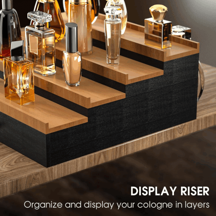 Cologne Organizer for Men 4 Tier of Elevated Cologne Display Shelf with Drawer Storage Perfume Organization and Storage Display Risers,Great Gift for Man(4Tier-Blackwalnut) - Image 5