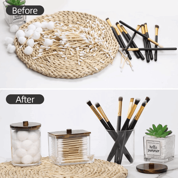 Qtips Holder Bathroom Container, 10/7 OZ Cotton Ball/Swabs Dispenser, Apothecary Jar Organizer for Storage Brown Wood Lids - Image 4