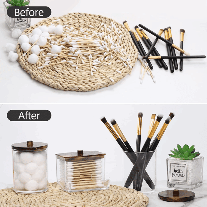 Qtips Holder Bathroom Container, 10/7 OZ Cotton Ball/Swabs Dispenser, Apothecary Jar Organizer for Storage Brown Wood Lids - Image 4