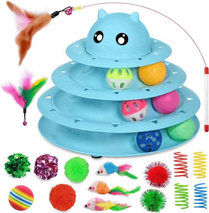 20 PCS Cat Roller Toy 3-Level Turntable for Indoor Cats - Kitten Set with Teaser, Mice, Spring, and Various Ball Toys