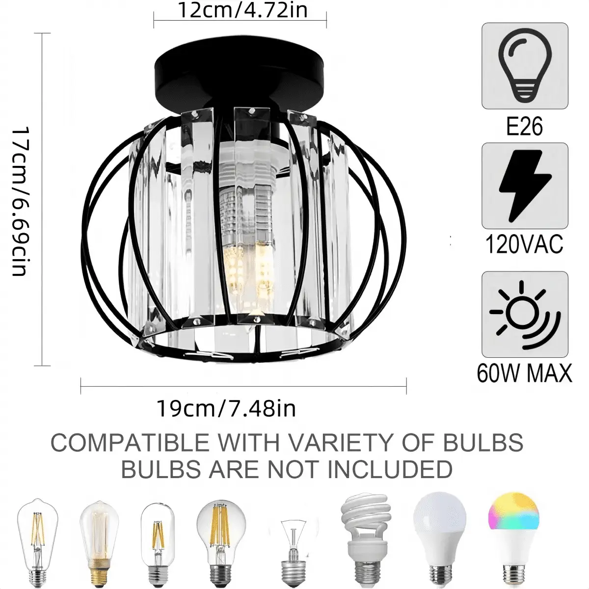Semi Flush Mount Ceiling Light Fixture, Crystal Ceiling Lamp Indoor Lighting for Bedroom Hallway Living Room - Image 2