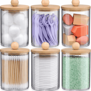 6-Pack Bamboo Qtip Holders - Bathroom Storage for Cotton Balls, Swabs, Pads, Floss