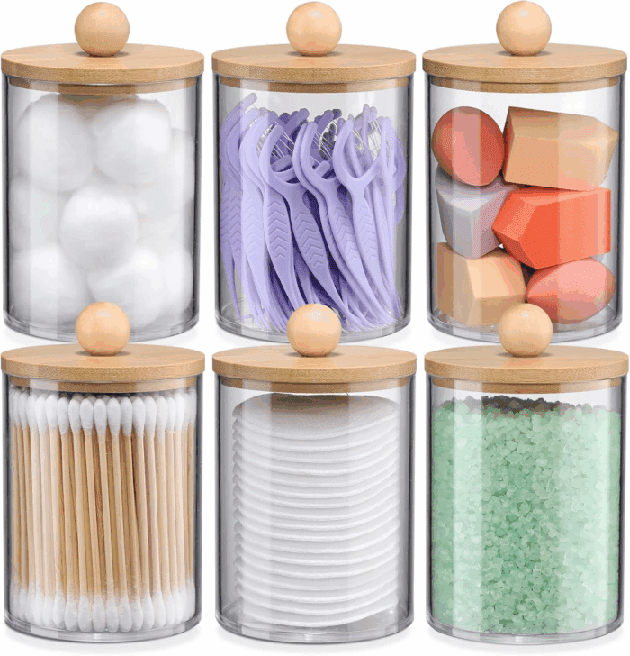 6-Pack Bamboo Qtip Holders - Bathroom Storage for Cotton Balls, Swabs, Pads, Floss
