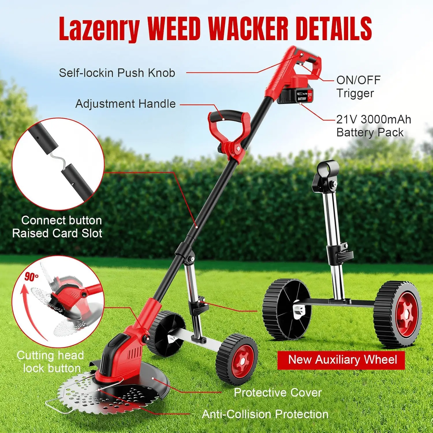 Electric Weed Wacker Cordless, 4 in 1 Lawn Mower Grass Edger with 2 Pcs 3000Mah Batteries Powered & Detachable Wheels, Foldable and Lightweight Grass Trimmer/Brush Cutter, Weed Eater Garden and Yard - Image 6