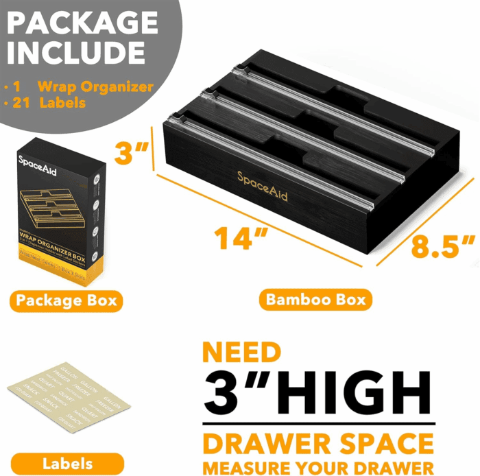 Wrapneat 3 in 1 Wrap Organizer with Cutter and Labels, Plastic Wrap, Aluminum Foil and Wax Bamboo Dispenser for Kitchen Storage Organization Holder for 12" Roll (Black) - Image 3