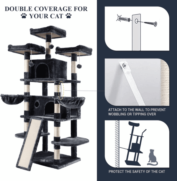 68 Inches Cat Tree/House and Towers for Big Feline/Scratching Post/Multi-Level Large Kitty Climbing Tree with Condo/Smokey Grey - Image 6