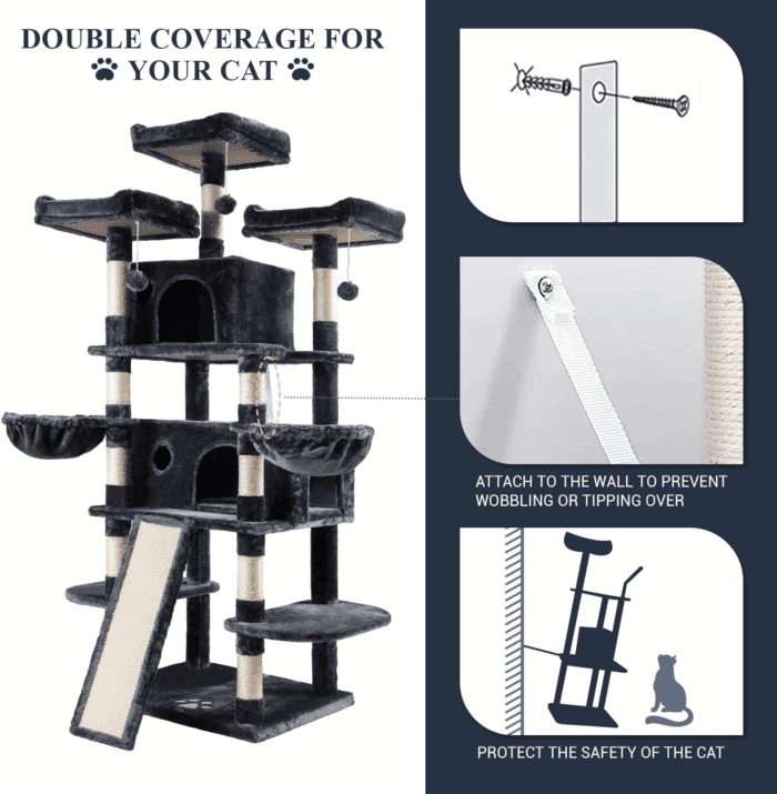 68 Inches Cat Tree/House and Towers for Big Feline/Scratching Post/Multi-Level Large Kitty Climbing Tree with Condo/Smokey Grey - Image 6