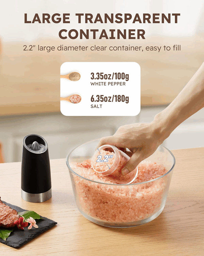 Gravity Electric Salt and Pepper Grinder Set Automatic Shakers Mill Grinder with LED Light, BATTERY POWERED Adjustable Coarseness One Hand Operation, Upgraded Larger Capacity - Image 5