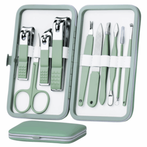 Manicure Set 10 in 1 Stainless Steel, Nail Clippers Scissors Pedicure Tools Kit - Portable Travel Grooming Kit for Men and Women with Leather Case (Jade Green)
