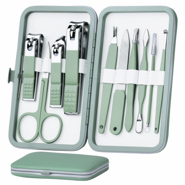 Manicure Set 10 in 1 Stainless Steel, Nail Clippers Scissors Pedicure Tools Kit - Portable Travel Grooming Kit for Men and Women with Leather Case (Jade Green)