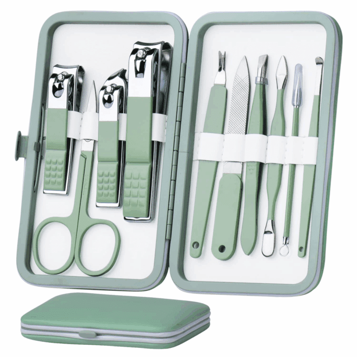 Manicure Set 10 in 1 Stainless Steel, Nail Clippers Scissors Pedicure Tools Kit - Portable Travel Grooming Kit for Men and Women with Leather Case (Jade Green)