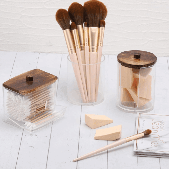 Bathroom Organizer Accessories Set-10 OZ,7 OZ Qtips Holder Storage with Wood Lids, Cotton Ball/Swabs Dispenser, Apothecary Container Jar 3 Pcs - Image 6