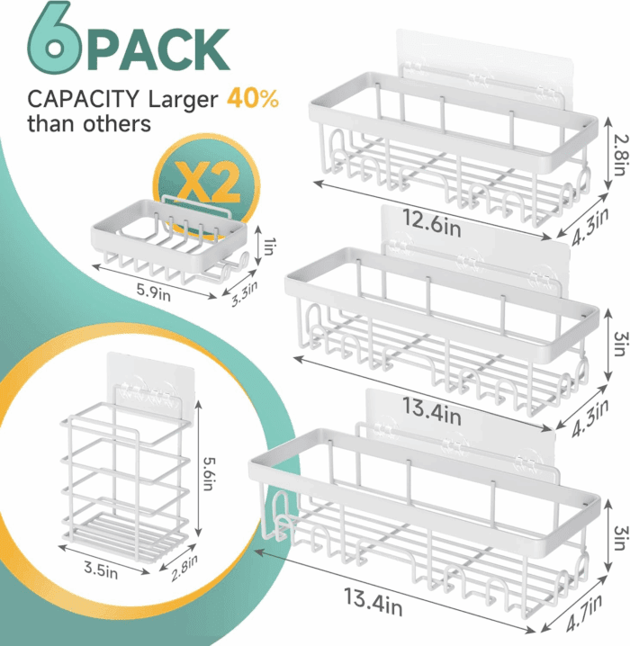 6-Pack Rustproof Waterproof Shower Caddy, Adhesive Shelves Rack with Soap Holder, Large Bathroom & Washroom Organizer, No Drilling Wall-Mounted Kitchen & Home Decor, Ideal for Bathtub Storage - Image 5