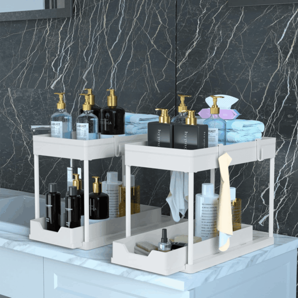 Cabinet, 2 Pack under Sink Organizer, 2 Tier Sliding Bathroom Kitchen Organizer, Large White ABS Baskets, Easy Install & Clean - Image 3