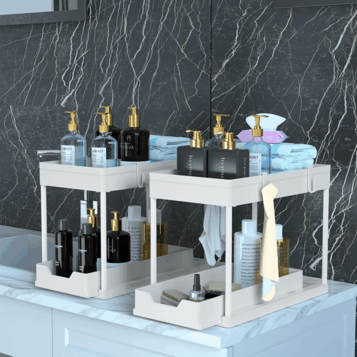 Cabinet, 2 Pack under Sink Organizer, 2 Tier Sliding Bathroom Kitchen Organizer, Large White ABS Baskets, Easy Install & Clean - Image 3