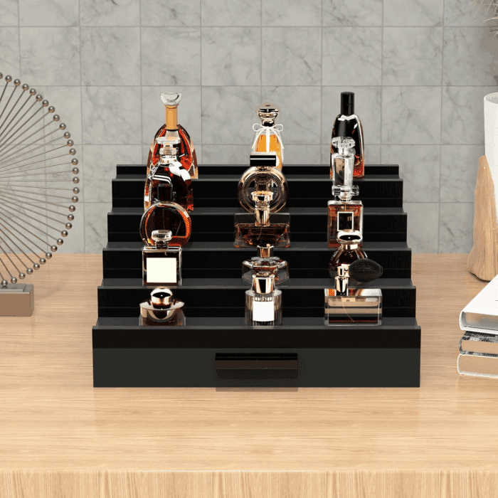 Zalida Wooden Cologne Organizer for Men 5 Tier of Perfume Display Holder of Drawer & 2 Hidden Compartments Larger Storage Space Mens Perfume Organizer Shelf Stand,Gift for Man (5T-Black) - Image 6