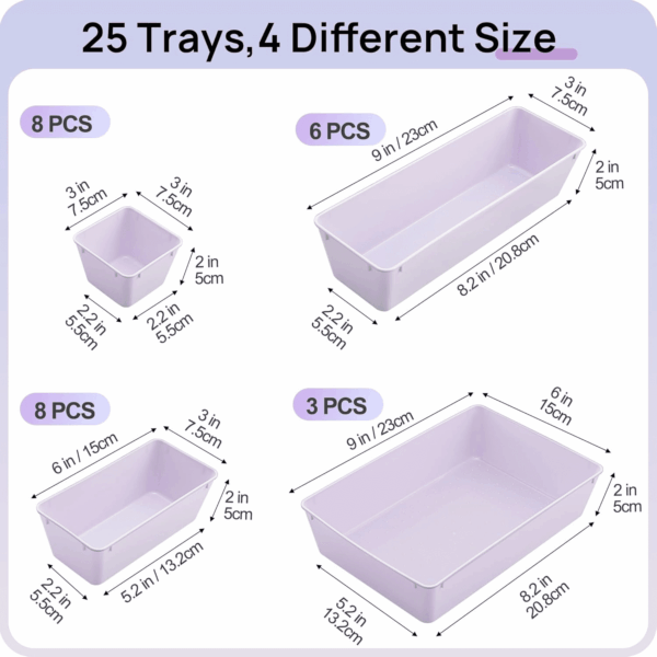 25 PCS Plastic Drawer Organizers Set, 4-Size Versatile Bathroom and Vanity Drawer Organizer Trays, Storage Bins for Makeup, Bedroom, Kitchen Gadgets Utensils and Office - Image 2
