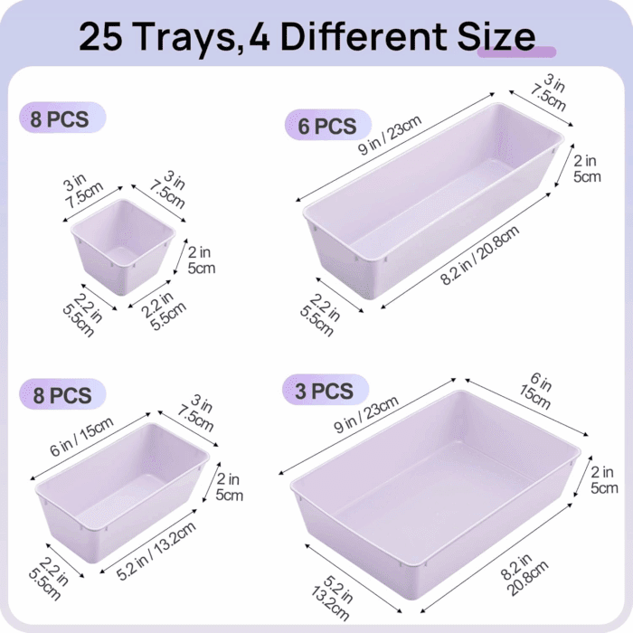 25 PCS Plastic Drawer Organizers Set, 4-Size Versatile Bathroom and Vanity Drawer Organizer Trays, Storage Bins for Makeup, Bedroom, Kitchen Gadgets Utensils and Office - Image 2