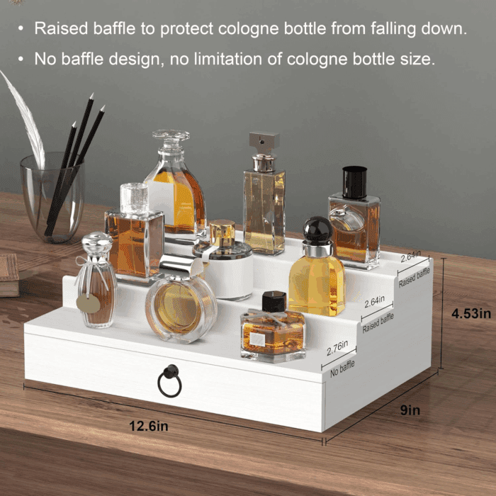 Cologne Organizer for Men, 3 Tier Wood Perfume Organizer with Felt Lining Drawer and Hidden Compartment, White Perfume Display Holder, a Gift for Men - Image 5
