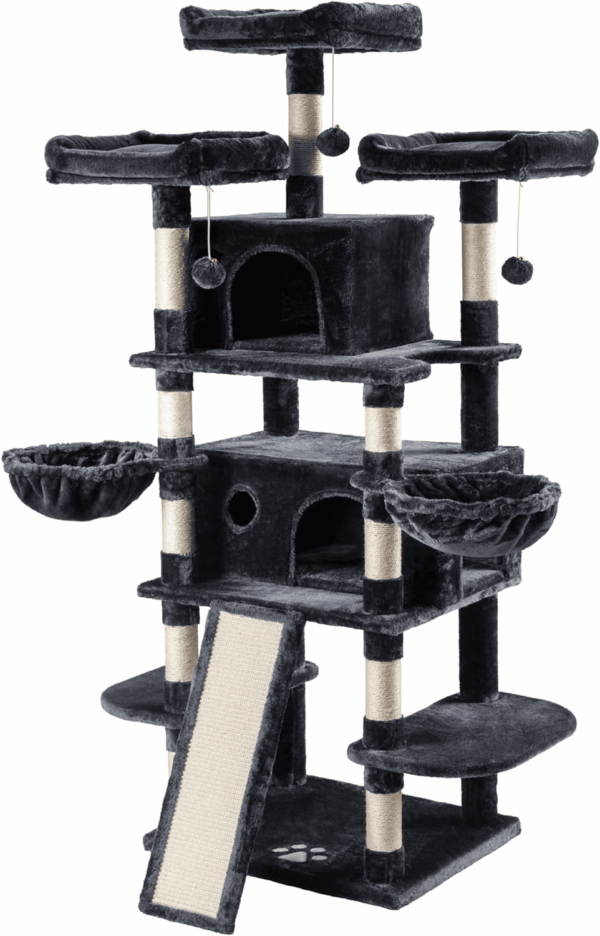 68 Inches Cat Tree/House and Towers for Big Feline/Scratching Post/Multi-Level Large Kitty Climbing Tree with Condo/Smokey Grey - Image 9